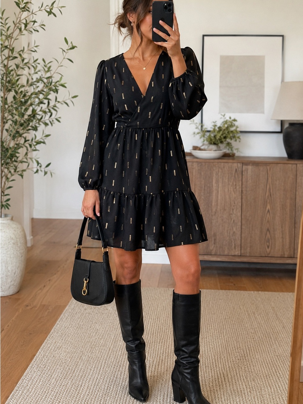 Madewell Black Gold Metallic Tiered Puff Sleeve Mini Dress XXS